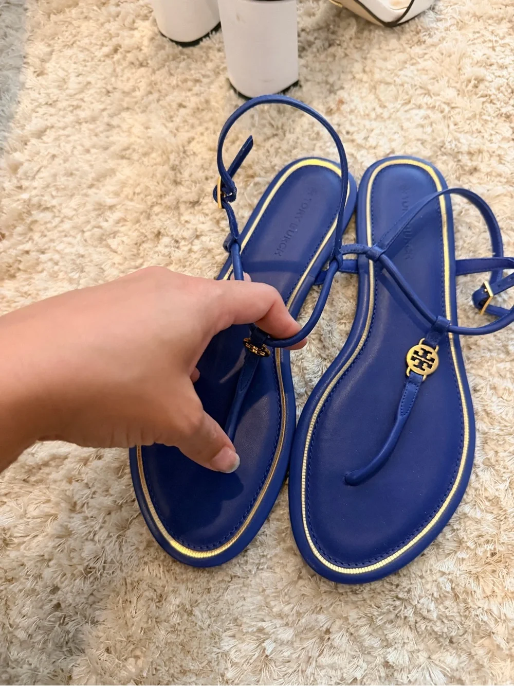 Tory Burch Royal Blue Leather T-Strap Sandals with Gold Logo